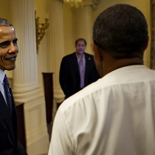 Prompt: Obama standing aside of Steven Armstrong, Videogame, 40nm lens, shallow depth of field, split lighting