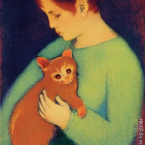 Image similar to a woman with short brown hair and her orange kitten by odilon redon