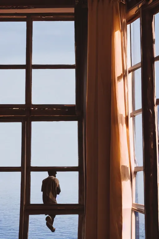 Prompt: a black man looking up from a window in a ship