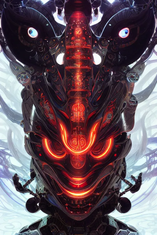 Image similar to asura from chinese myth, ghost, mecha, symmetrical. sci - fi, tech wear, glowing lights, intricate, elegant, highly detailed, digital painting, highly detailed, digital painting, artstation, concept art, smooth, sharp focus, illustration, art by artgerm and greg rutkowski and alphonse mucha