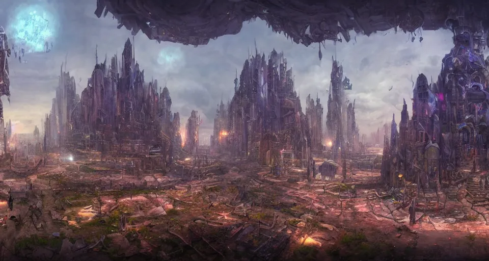 Image similar to A panoramic photo of gameplay from a videogame painted by James Gurney. Ground level perspective. Within a crystalline fantasy city populated by strange citizens. Matte painting. Fantastic incredible intriguing mysterious engaging impressive masterpiece lighting. Colorful environment, rule of thirds, symmetrical balance, depth layering, polarizing filter, Sense of Depth, AI enhanced