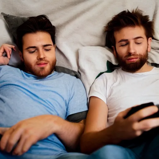 Prompt: two guys laying in bed playing games on there smartphones