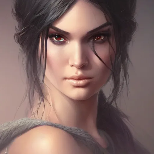 Image similar to kendal jenner, d & d, fantasy, portrait, highly detailed, digital painting, trending on artstation, concept art, sharp focus, illustration, art by artgerm and greg rutkowski and magali villeneuve