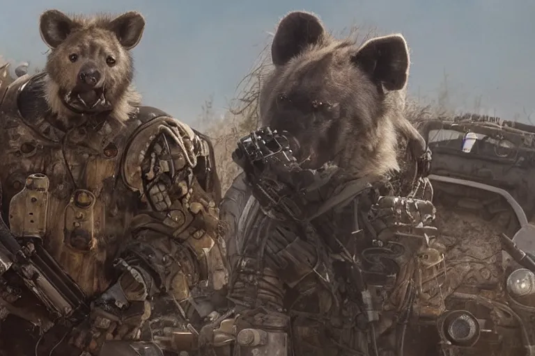 Image similar to a good ol'hyena fursona ( from the furry fandom ), heavily armed and armored facing down armageddon in a dark and gritty version from the makers of mad max : fury road. witness me.