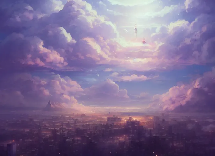 Prompt: floating city on clouds, 8 k, hd, details, fantasy, epic, ancient city, landscape illustration concept art anime key visual trending pixiv fanbox by wlop and greg rutkowski and makoto shinkai and studio ghibli and kyoto animation symmetrical facial features