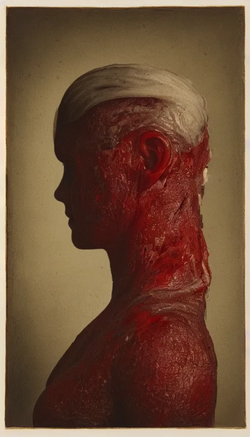 Prompt: a woman's face in profile, with white carapace plates extruding from the skin and red kintsurugi, in the style of the dutch masters and gregory crewdson, dark and moody