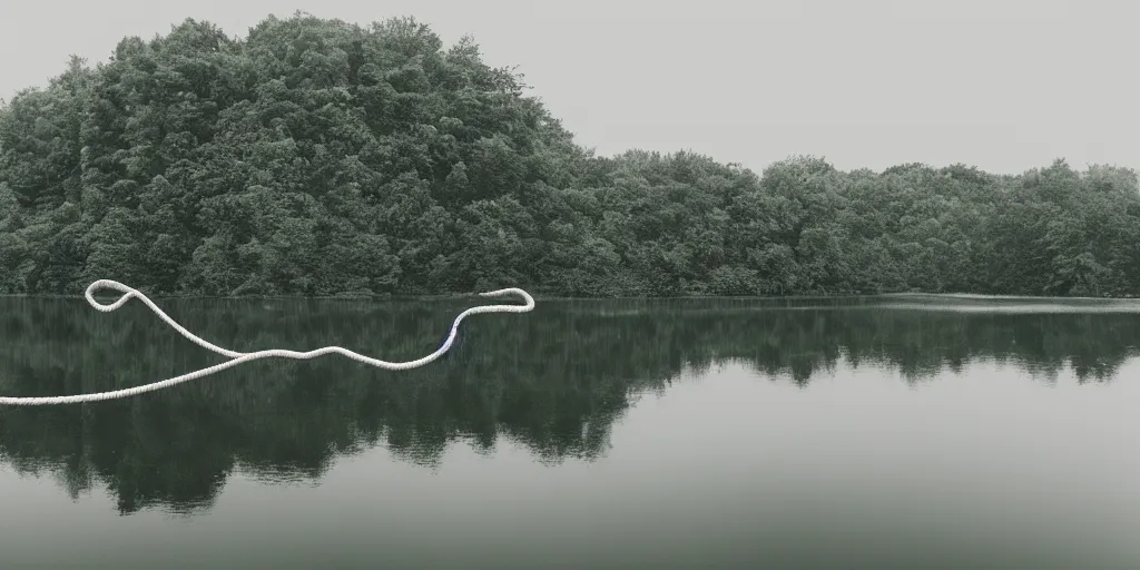 Image similar to an infinitely long rope floating to surface of water snaking zig zag in the center of the lake, overcast lake, 2 4 mm leica anamorphic lens, moody scene, stunning composition, hyper detailed, color kodak film stock