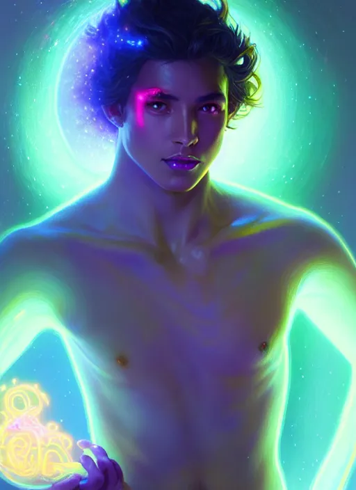 Image similar to a male faceless glowing liquefied stardust adventurer, dnd fantasy character, full body portrait, glowing neon skin, magical aura, ultra realistic, intricate, elegant, highly detailed, digital painting, artstation, smooth, sharp, focus, illustration, art by artgerm and greg rutkowski and alphonse mucha