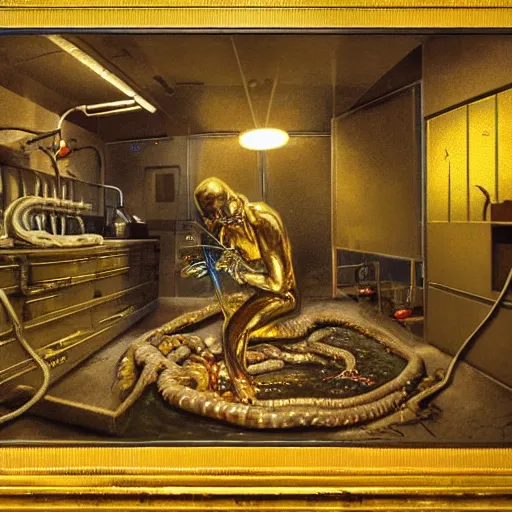 Prompt: realistic coubert dark hi-tech sci-fi lab at night, realistic gustave coubert painting a hideous and sick human exposed guts crawling in two legs and dripping golden metalic fluid from intestine into a pool of golden liquid on the floor. Smokey atmosphere