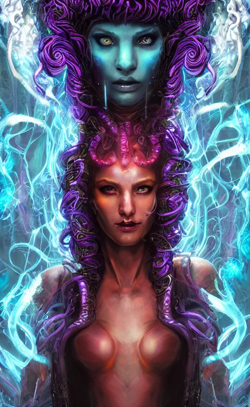 Prompt: An epic fantasy comic book style portrait painting of a very beautiful nebulapunk Medusa with symmetrical facial features and lots of cyberpunk bio-luminiscent snakes as hair, awesome pose in the center of the image, full body figure, vibrant dark mood, unreal 5, hyperrealistic, octane render, cosplay, RPG portrait, dynamic lighting, intricate detail, cinematic, HDR digital painting, 8k resolution, enchanting, otherworldly, Hyperdetailed, Gsociety, trending on ArtstationHQ, dreamscape.