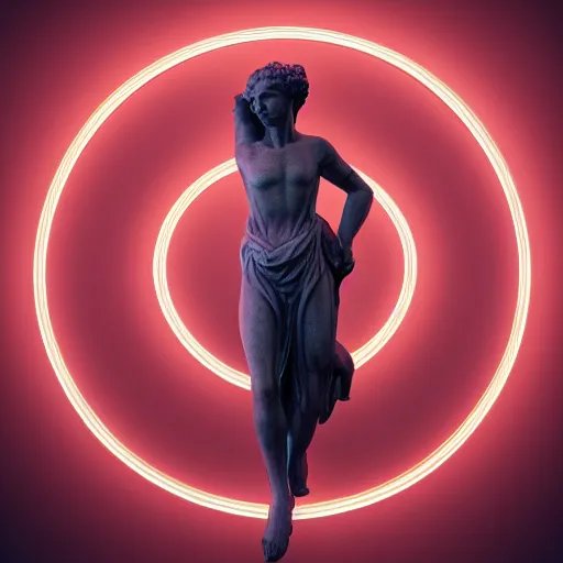 Image similar to a renaissance statue surrounded by a 3 d neon circle, 3 d render, black background, ray tracing, 8 k resolution, sharp focus, hyper detailed, hyper realistic