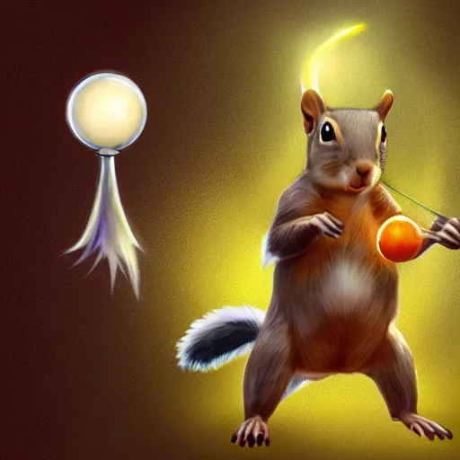 Prompt: A squirrel holding a glowing sphere in one paw and a sword in the other, fantasy illustration