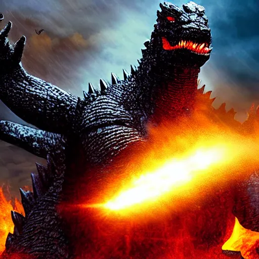 Image similar to Godzilla fighting Optimus Prime in a volcano with guns