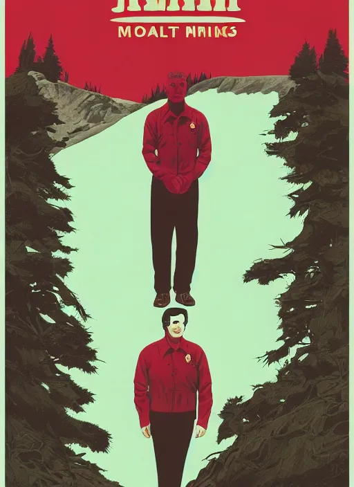 Image similar to Twin Peaks poster artwork by Michael Whelan, by Bob Larkin and Tomer Hanuka, Karol Bak of portrait of Joe Rogan in red flannel, from scene from Twin Peaks, clean, simple illustration, nostalgic, domestic