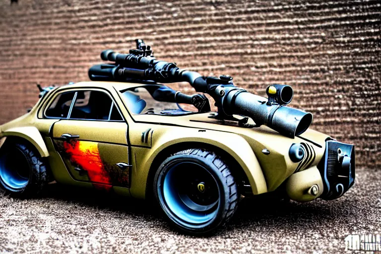 Image similar to dieselpunk mad max alpine a 1 1 0 with guns installed, painted by masamune shirow