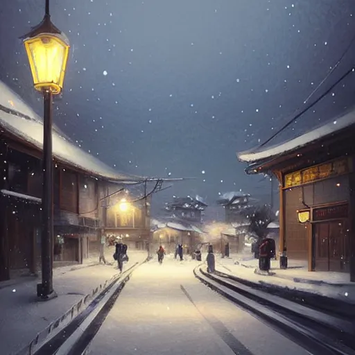 Image similar to walking around snow covered ozu city and shimonad station, ehime, japan. volumetric lighting, clear winter night, realistic illustration, perfectly shaded, soft painting, art by krenz cushart and wenjun lin