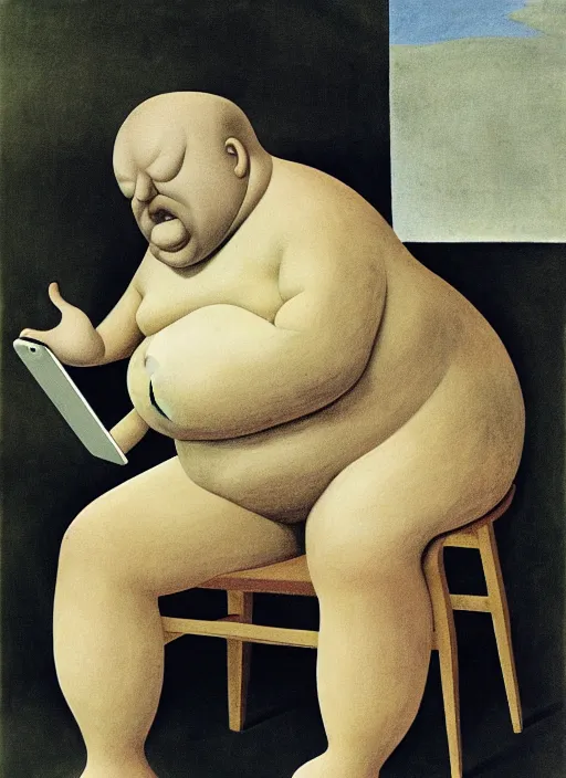 Prompt: fat man sitting on chair looking at his smartphone, hysterical, sweat, fat, frustrated, art by gertrude abercrombie hans bellmer and william blake
