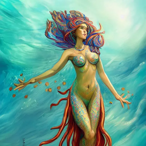 Image similar to merfolk sea goddess rising from the ocean, d & d style, trending on artstation, colorful, intricate, art by kev chan