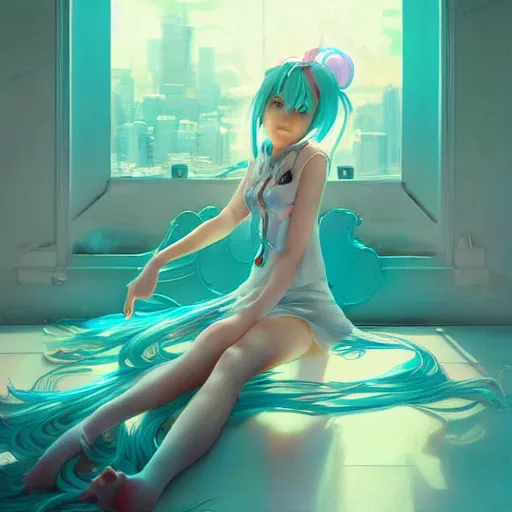 Image similar to hatsune miku, vaporwave, bedroom, highly detailed, digital painting, artstation, concept art, smooth, sharp focus, illustration, art by artgerm and greg rutkowski and alphonse mucha