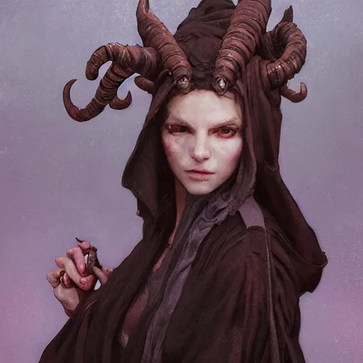 Image similar to masterpiece portrait of a surly and resentful female tiefling thief with horns clothed in ragged clothes and a cloak, by Greg Rutkowski and John Collier and Krenz Cushart and Artem Demura and Alphonse Mucha and Albert Aublet, as seen on ArtStation, 4k, dungeons and dragons, very aesthetic, very detailed, intricate, unreal, fantasy, dramatic, painterly, artstation, sharp focus, smooth