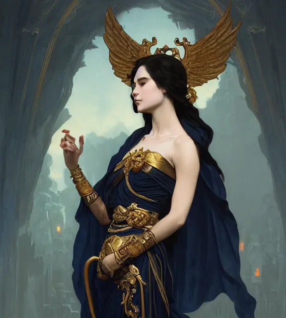 Image similar to god of death, young male, in the underworld, elegant dark blue dress, very detailed, throne, very intricate details, jewelry, gold eyeshadow, elaborate long black hairstyle, wings, cinematic, artstation, william bouguereau, alphonse mucha, greg rutkowski, rossdraws, octane render