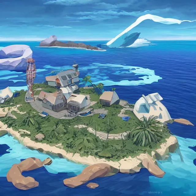 Prompt: a remote island research station in the middle of the ocean, rhads!!!, ominous, digital science fiction realism, archipelago!!, urban fantasy, saturday morning cartoon, clean linework, ( alexander archipenko ), western animation