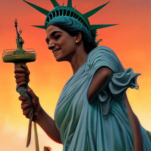 Image similar to alexandra ocasio - cortez hugging lady liberty, highly detailed digital painting, artstation, concept art, smooth, sharp focus, illustration, art by artgerm and greg rutkowski and alphonse mucha