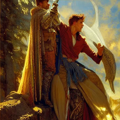 Image similar to stunning arthur pendragon in love with stunning male merlin the mage. they are close to each other. highly detailed painting by gaston bussiere, craig mullins, j. c. leyendecker