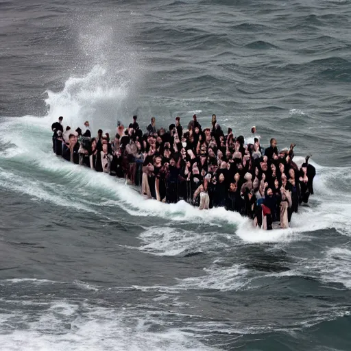 Prompt: limbus with a horde of office managers attacking the ocean