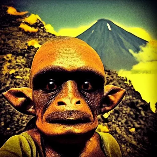 Image similar to “a goblin with brown skin and glowing yellow eyes with a volcano in the background”