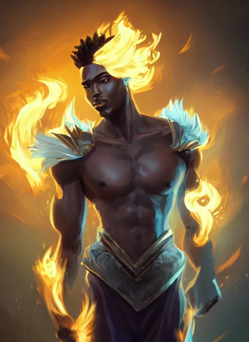 Image similar to a highly detailed illustration of attractive young african guy with flat top flaming hair, dramatic standing pose, intricate, elegant, highly detailed, centered, digital painting, artstation, concept art, smooth, sharp focus, league of legends concept art, wlop