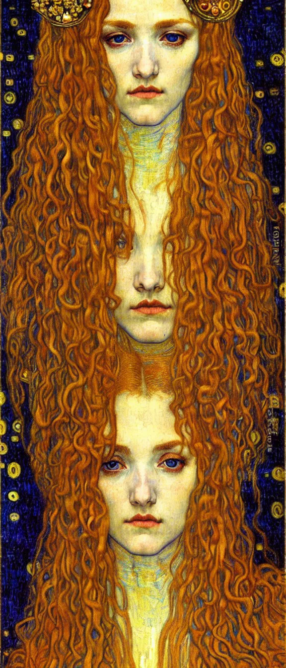 Image similar to detailed realistic beautiful young medieval queen face portrait by jean delville, gustav klimt and vincent van gogh, art nouveau, symbolist, visionary, gothic, pre - raphaelite, muted earthy colors, desaturated