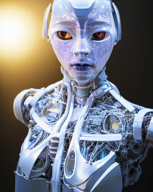 Prompt: beautiful centered fine art photo portrait of hoyeon jung as a solarpunk robotic humanoid, white mechanical parts with bright halogen lights, treading above water, ultra - realistic and detailed, white background, natural lighting, soft focus, slow exposure hdr 8 k