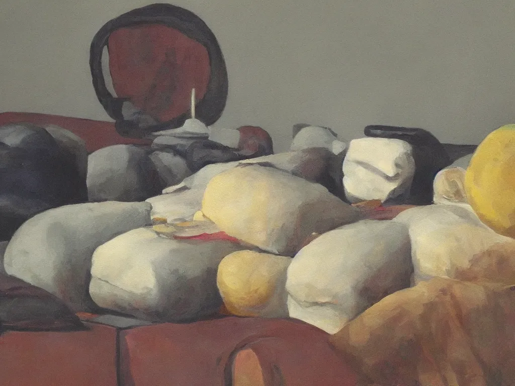 Image similar to still life with a zafu meditation pillow. Painting by Matthias Weischer