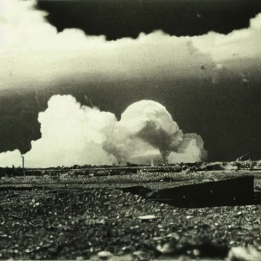 Image similar to a photo taken from inside of a trench showing a nuclear explosion in the distance, you can see the explosion's shockwave in the clouds, realistic, taken on a ww 2 camera.