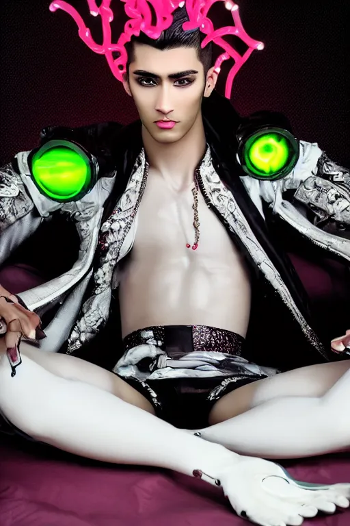 Image similar to full-body rococo and cyberpunk style neon statue of a muscular attractive Zayn Malik sim roupa macho dotado e rico android sim roupa reclining con las piernas abiertas e la piroca dura e afuera, glowing white laser eyes, prince crown of red gears, diamonds, swirling black-colored silk fabric. futuristic elements. full-length view. space robots. alien skulls. intricate artwork by caravaggio. Trending on artstation, octane render, cinematic lighting from the right, hyper realism, octane render, 8k, depth of field, 3D