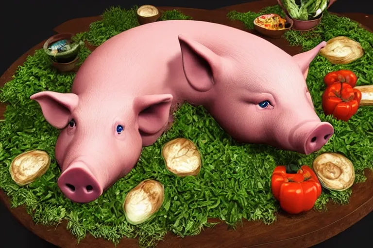 Image similar to a fake pig laying on top of vegetables on a table, a bronze sculpture by jeff a. menges, trending on pinterest, hyperrealism, hyper - realistic, hyper realism, playstation 5 screenshot