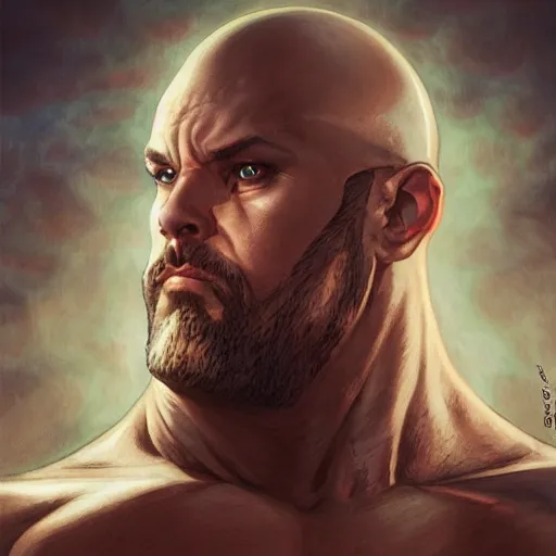 Image similar to chonky ethan van sciver with a bald head, grey trimmed beard l and a pointy nose, riding on a sad dark horse, full view, beautiful artwork by artgerm and rutkowski, breathtaking, beautifully lit, dramatic, full view