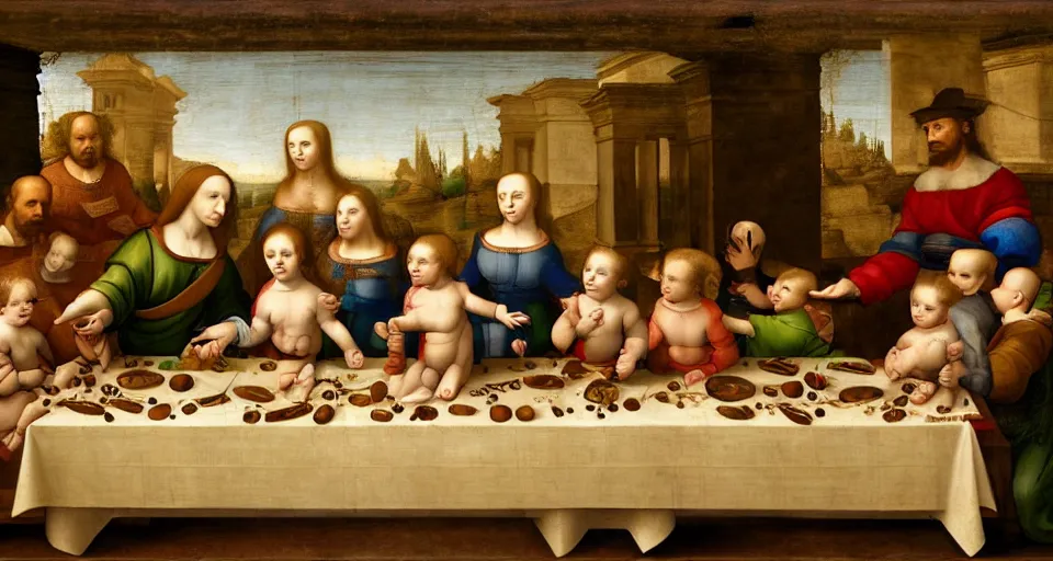 Prompt: a Renaissance painting in the style of Leonardo da Vinci of a symmetrical long table with many bottles of milk on top of it. A group of babies and toddlers are sitting at the table