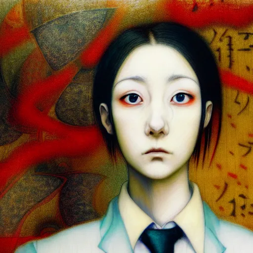 Image similar to yoshitaka amano blurred and dreamy realistic three quarter angle portrait of a young woman with short hair and black eyes wearing office suit with tie, junji ito abstract patterns in the background, satoshi kon anime, noisy film grain effect, highly detailed, renaissance oil painting, weird portrait angle, blurred lost edges