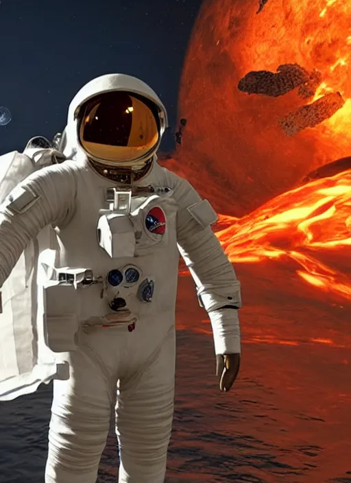 Prompt: a landshark in an astronaut suit, unreal engine, lava glowing,