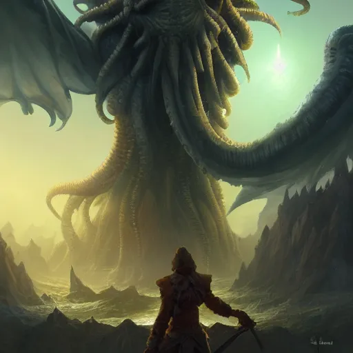 Image similar to gigantic cthulhu, small village for size comparison, dramatic light, painted by stanley lau, painted by greg rutkowski, painted by stanley artgerm, digital art, trending on artstation