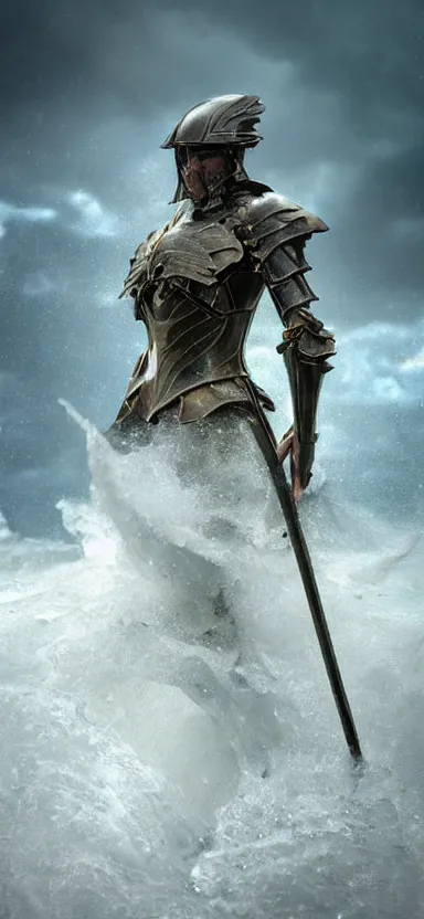 Image similar to armor made of water, made of liquid, rising up from ocean, water armor, high detail, high contrast, medium close up portrait, studio lighting, stormy seas, beautiful, bokeh, snowy, storm clouds, god rays, d & d, fantasy, elegant, aquamarine color palette, concept art, roger deakins and greg rutkowski and alphonse mucha