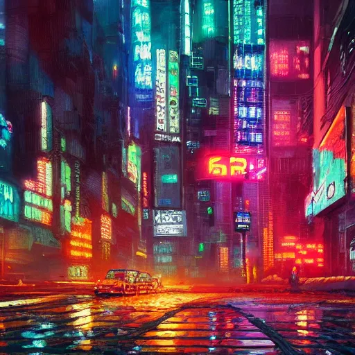 Image similar to an impressionist oil painting of a cyberpunk dystopian city with a lot of neon signs, highly detailed, texture, masterpiece, trending on artstation