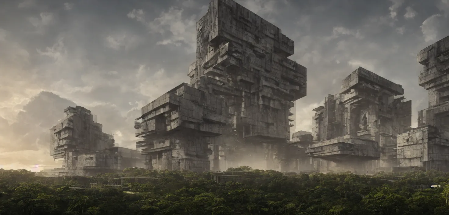 Image similar to brutalist architecture, surrounded by lush green vegetation, stunning volumetric lighting, sunset, metal, concrete, translucent material, stunning skies, 8k, photorealistic, hyper detailed, unreal engine 5, IMAX quality, cinematic, epic lighting, digital painting in the style of DOOM and Quake, by Greg Rutkowski, trending on Artstation