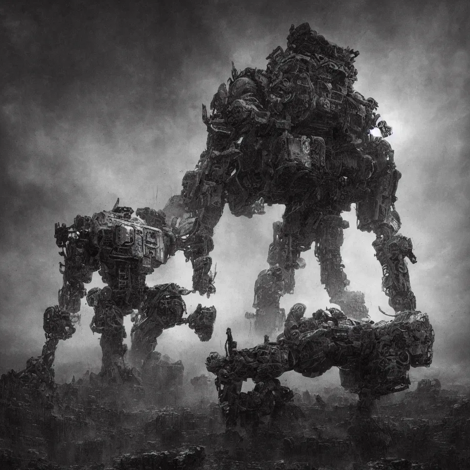 Prompt: epic fight between two giant robot, beksinski, epic composition, feng zhu, masterpiece, horror, creepy, volume light, black and white high resolution, 8 k, highly detailed, processing, extremely hyperdetailed