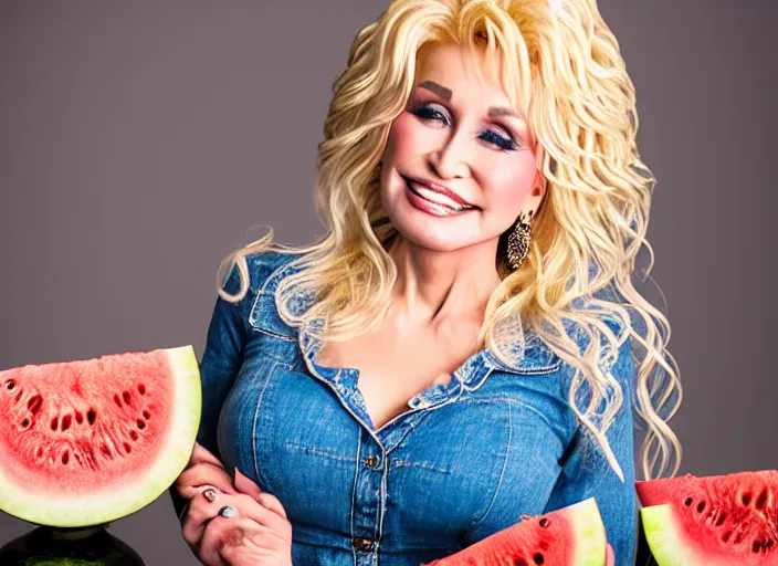 Image similar to studio portrait photo still of 2 0 year old dolly parton!!!!!!!! at age 2 0 2 0 years old 2 0 years of age!!!!!!! surrounded by watermelons, 8 k, 8 5 mm f 1. 8, studio lighting, rim light, right side key light