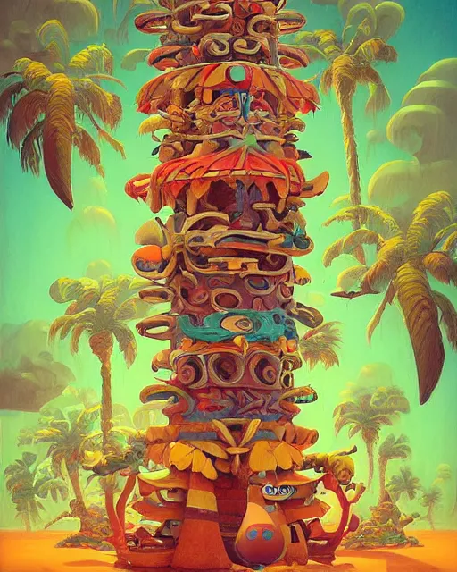 Image similar to a painting of a tribal tiki hut totem pole, a surrealist painting by Naoto Hattori, Roger Dean, Pablo olivera and Stanisław Lem and Paul Lehr, by Beeple, by Makoto Shinkai and Lois van baarle, trending on deviantart, pop surrealism, lowbrow, grotesque, whimsical