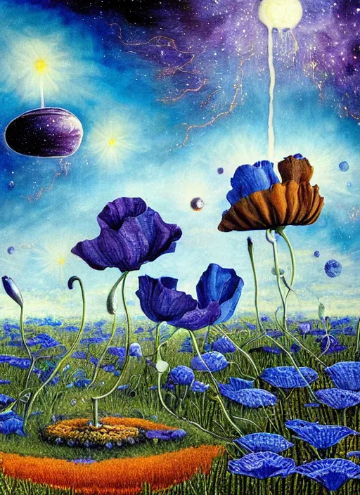 Image similar to detailed, intricate blue black and purple papaverum flower on the field, nebula, galaxy in the sky, winning award masterpiece, fantastically beautiful, illustration, aestheticly inspired, jacek yerka, upscale with anguissola sofonisba work, artstation, 8 k