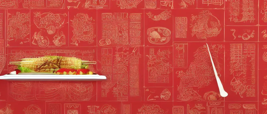 Image similar to a beautiful simple 4 k hd red wall paper illustration of roasted string hotpot, red wallpaper design, simple style, gourmet style, commercial kebab hotpot wallpaper display, wall painting, from china, with merchant logo, simple structure, surrealistic, chinese style, victo ngai, james jean, denoise, deblurring